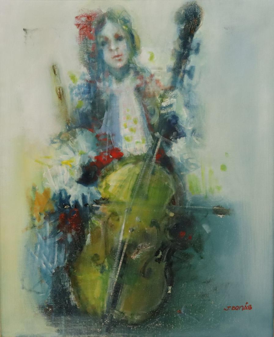 Jordi Bonas Signed Oil On Canvas Girl With Cello.: Signed lr rt and from a Long Island storage. - Dimensions: 26" X 21"
