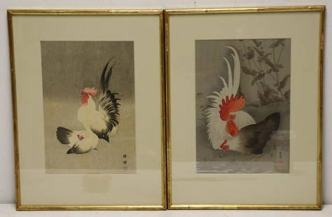 BAREI. 2 Signed Woodblock Prints, Roosters.: Signed front and label verso. From a Westchester storage. - Dimensions: 9.25" x 13.5"