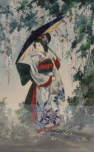 T. Aoki. Signed Watercolor Japanese Girl With: Parasol. Signed lr left and from a Westchester storage. - Dimensions: 21" x 13"