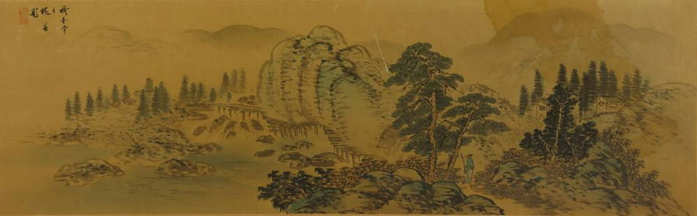 Signed Asian Scroll Painting.: Signed upper left and from a Westchester storage. - Dimensions: 14" x 44"