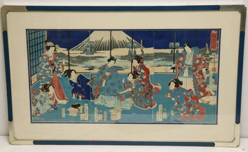 KUNISADA. Watercolor And Ink Triptych: From a Westchester storage. - Dimensions: 14" x 28" or 3 x 14" x 9.5"