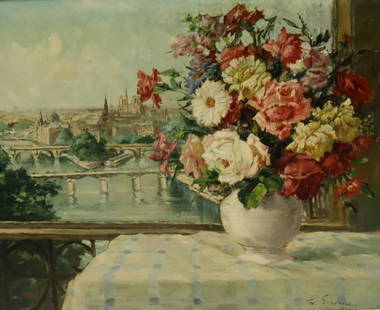 Illegibly Signed Oil On Canvas Floral Still Life.: Signed lr rt and from a Westchester storage. - Dimensions: 20" x 24"