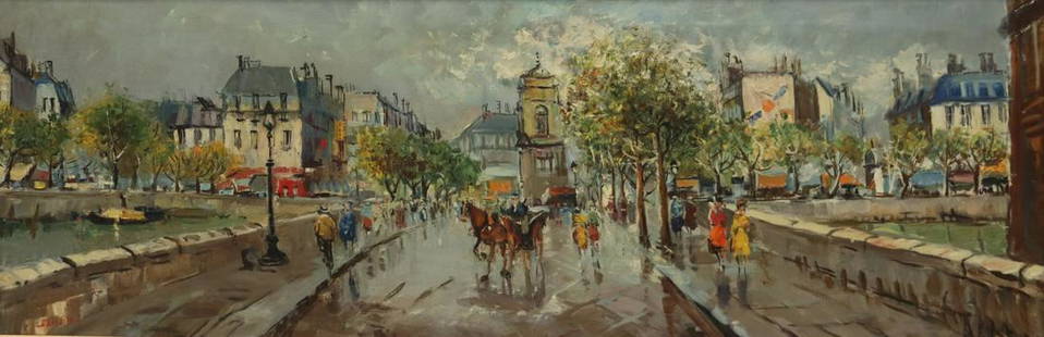 ILLEGIBLY. Signed Oil On Canvas Street Scene .: Signed lr left and from a Westchester storage . - Dimensions: 16" x 48
