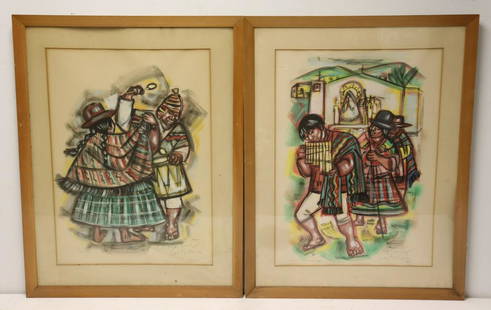 2 Illegibly Signed Watercolors By Peruvian Artist: From a Westchester storage. Dimensions: 24" x 17.5"