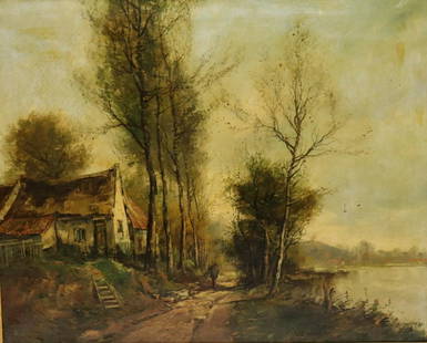 ILLEGIABLY. Signed oil On Canvas House At Lake.: Signed lr rt and from a Westchester storage . - Dimensions: 28" x 33"