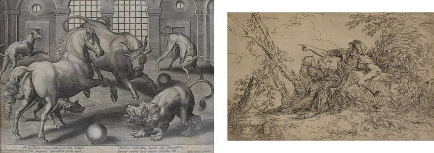 GROUPING OF OLD MASTER PRINTS.: To Include: After Jan van der Straet, called Stradanus, engraved by Justus Sadeler, 16th century, 8.5" high x 10.75" wide; and Tiepolo, Shepherd and two boys, 18th century, etching, 4"