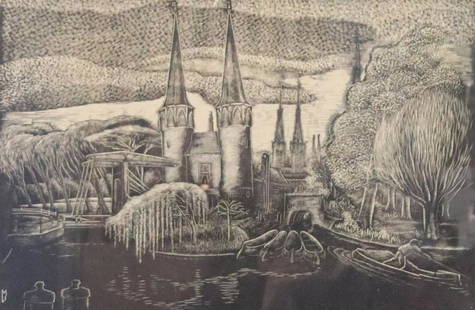 Illegibly Signed. Etching of Landscape: Marked Amsterdam 1933 and the rest illegible. From a Westchester Storage. - Dimensions: 12.5" x 9"