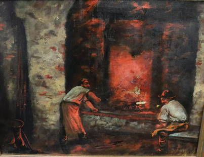 UNSIGNED. OIL ON CANVAS MEN WORKING WITH FIRE.: From a Washington Heights Estate. - Dimensions: 18" x 14 1/2"