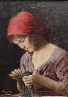 ILLEGABLY SIGNED OIL ON BOARD YOUNG GIRL SEWING.: Signed lower Left. From a Washington Heights Estate - Dimensions: 12" x 16 1/2"