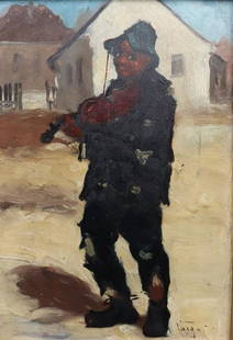 ILLEGIBLY SIGNED OIL ON BOARD BOY PLAYING VIOLIN.: Signed lower Rt. From a Washington Heights Estate. - Dimensions: 9"x 13"