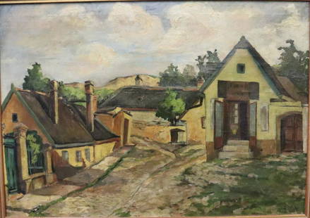 SIGNED SZEKELY GEZA OIL ON CANVAS VILLAGE SCENE.: signed lower rt. From a Washington Heights Estate. - Dimensions: 26 3/4" x 19"