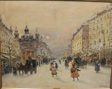 SIGNED BERKESA OIL ON CANVAS CITY STREET SCENE.: signed lower right. From a Washington Heights Estate. - Dimensions: 26" x 20"