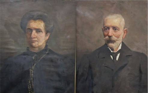 PAIR UNSIGNED OIL ON CANVAS PORTRAITS.: Gentleman with a Mustache and a Lady. From a Washington Heights Estate. - Dimensions: 231/2" x 291/2" (each one)