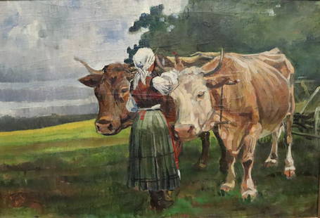 UNSIGNED OIL ON CANVAS YOUNG LADY WITH COWS: from a Washington Heights Estate. - Dimensions: 36 1/2" x 24 1/2"