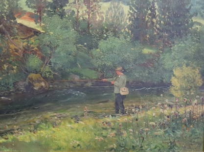 SIGNED NEOGRADY OIL ON CANVAS FLY FISHING.: signed lower right. From a Washington Heights Estate. - Dimensions: 24 1/2" x 34"