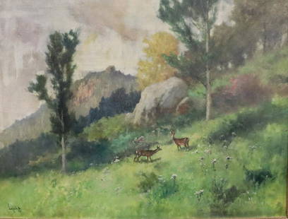 SIGNED NEOGRADY OIL ON CANVAS LANDSCAPE: of deer. Signed lower left. From a Washington Heights Estate. - Dimensions: 37.5" x 28"