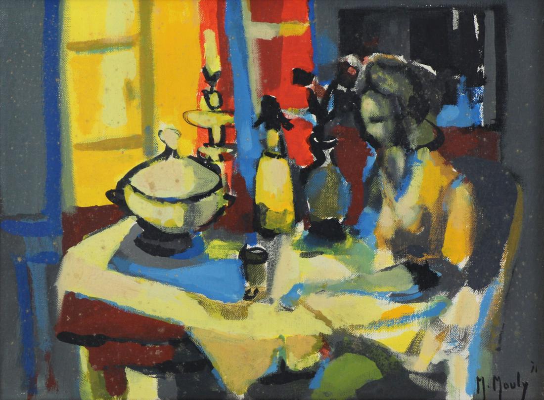 MARCEL MOULY (FRENCH, 1918-2008).: Oil on Canvas. Figure at Table. 1971. Signed and lower right and verso. From a Forest Hills, NY collection. - Dimensions: 12.5" high x 16.5" wide