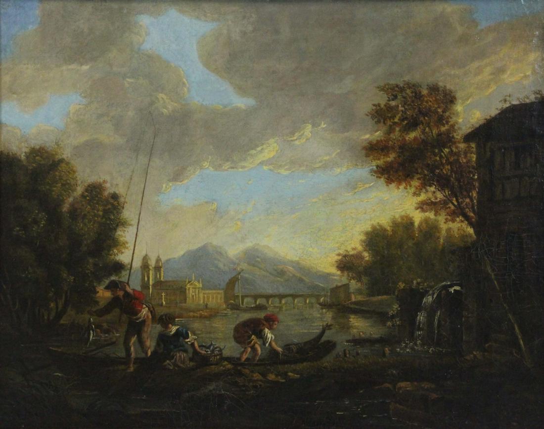 CONTINENTAL SCHOOL (17TH/18TH CENTURY).: Oil on Canvas. "A Scene in the Italian Lake Country". American Art Gallery lot label and lot description affixed verso. From a Scarsdale, NY collection. - Dimensions: 17.25" high x 21" wide