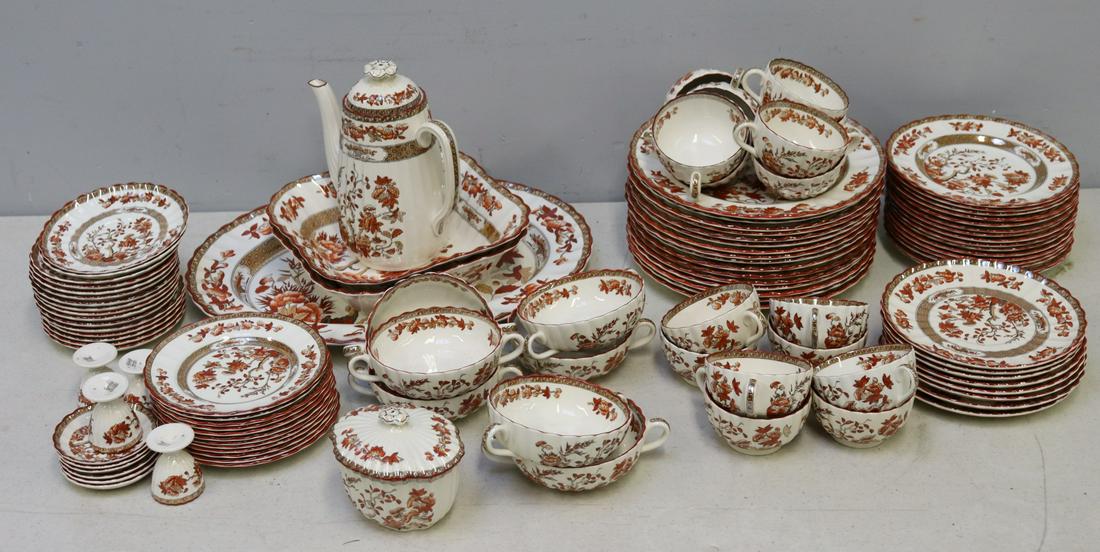 Large Lot Of Copeland Spode "India Tree" Porcelain: To include 16 Dinner Plates (10.25"), 13 Salad plates (7.75"), 8 Dessert/Bread plates (7.25"), 7 Soup Bowl (4.75"), 12 Soup Saucers (6.25"), 6 Egg saucers (3.5"), 4 Egg Cups (2.125"), 2 Serving Dishes
