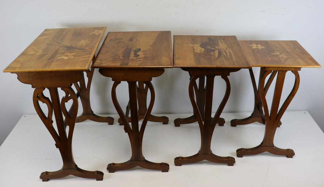 Galle Signed Set Of Inlaid Nesting Tables.: Beautifully inlaid with individual scenes on each table. From a Stamford CT estate. - Dimensions: 23" x 15" x 28"H