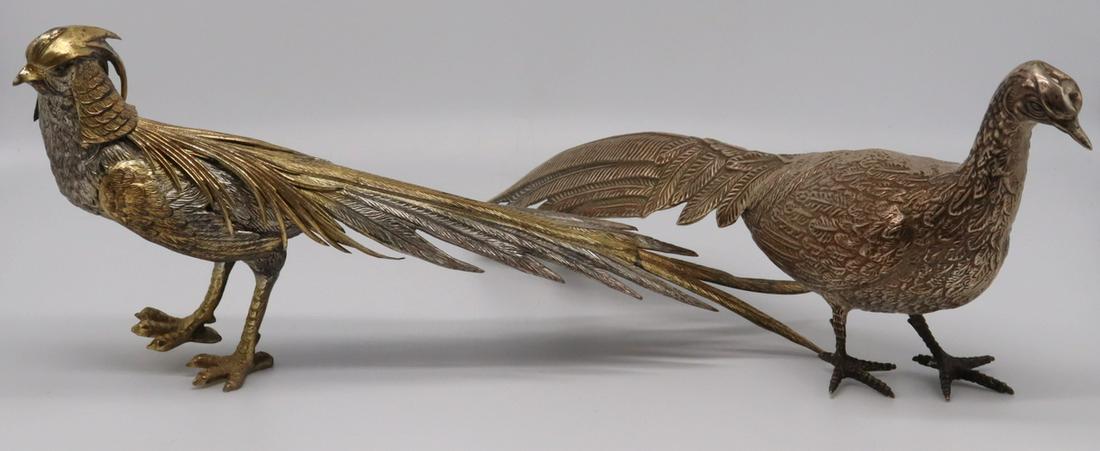 SILVER. Spanish .915 Gilt and Silver Pheasant: Married Garniture Set. Includes a Spanish .915 beautifully rendered silver and parcel gilt male pheasant, with a 20th century Spanish domestic silver hallmark of a star signifying .915 silver, and a s