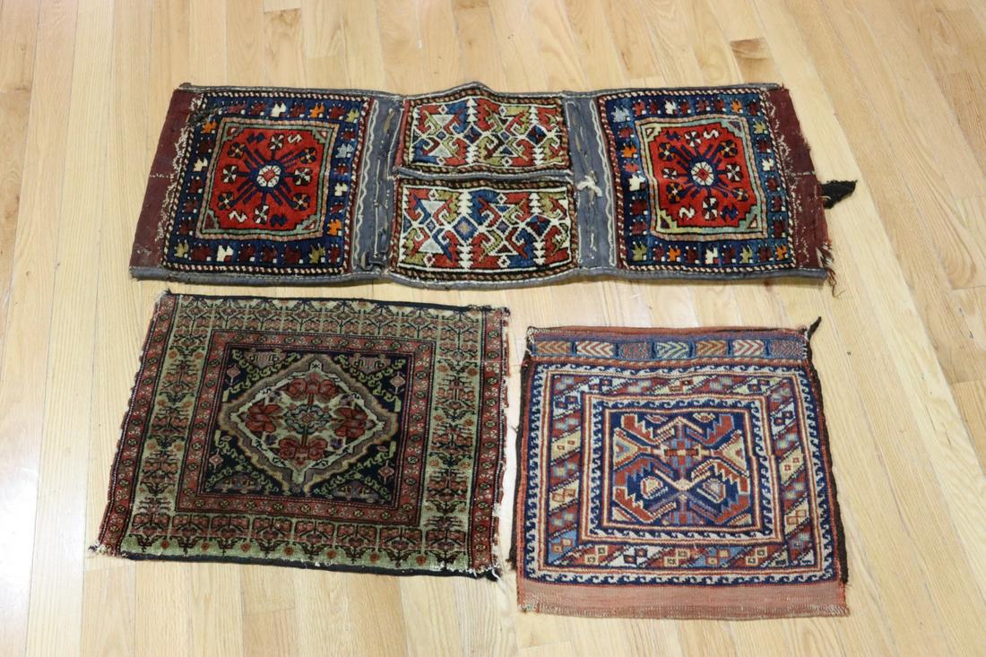 Antique Carpet Grouping .: To inc a saddle bag 18" x 52" a mat 19" x 25" and another mat 20" x 20" from a Westchester estate .