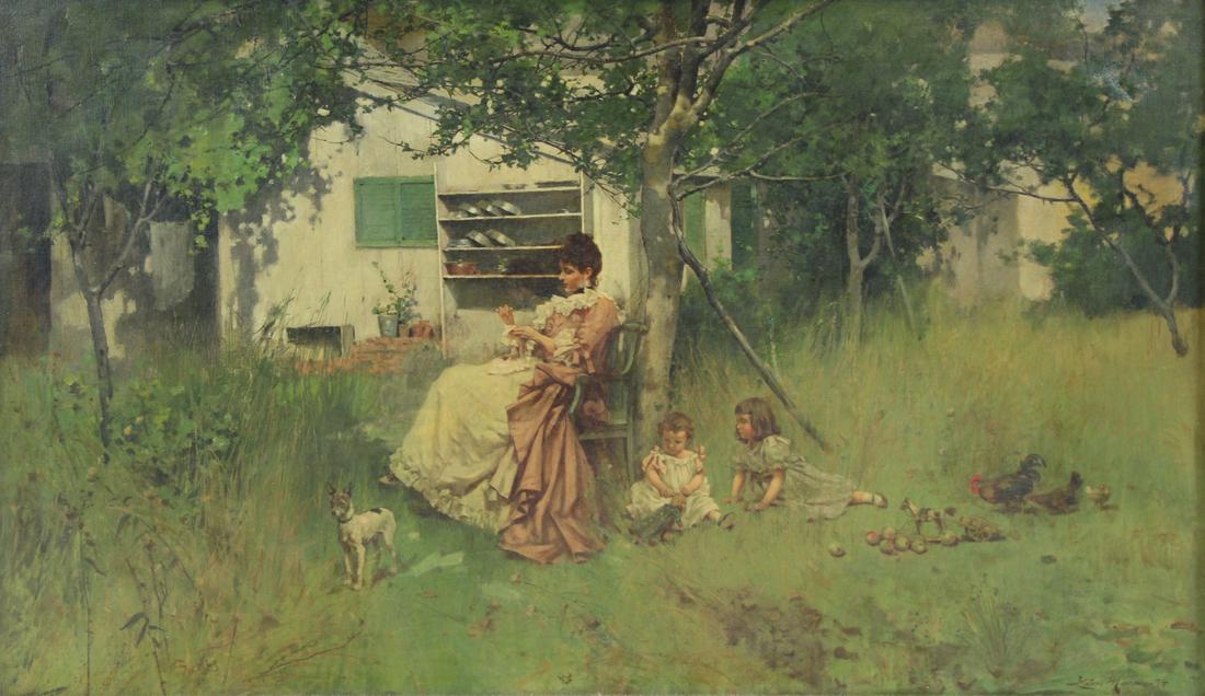 LEON MORAN (AMERICAN, 1864-1941): Oil on Canvas. Woman With Children. From a Norwalk, CT collection. - Dimensions: 18.5" high x 30" wide