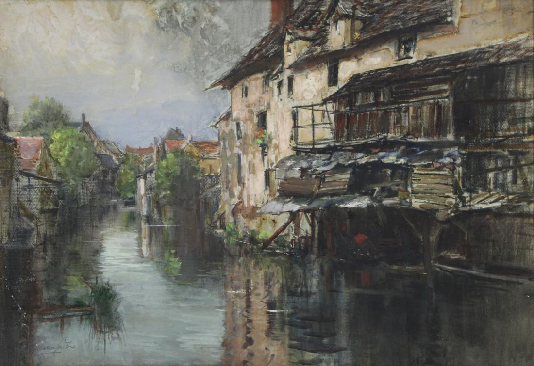FRANCIS HOPKINSON SMITH (AMERICAN, 1838-1915).: Gouache. "Old Dye House, Chartres". Signed lower left. In strong, Arts & Crafts frame. From a Scarsdale, NY collection. - Dimensions: 19.5" high x 28" wide