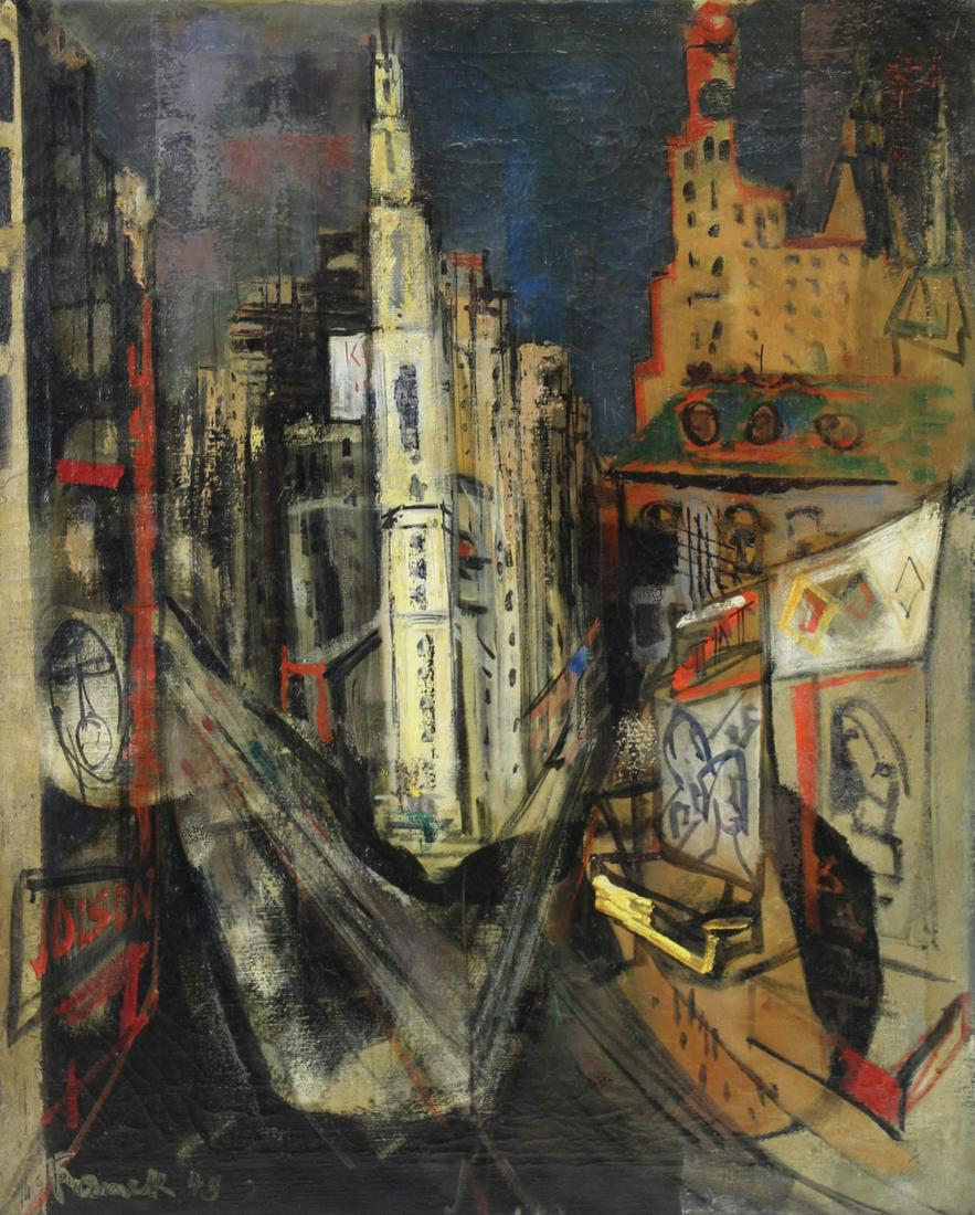 FREDERICK FRANCK (AMERICAN, 1909-1906).: Oil on Canvas. "Times Square". 1949. Signed and dated lower left. Joan Whalen Fine Art Gallery label affixed verso. Form a Long Island, NY collection. - Dimensions: 32.5" high x 26" wide