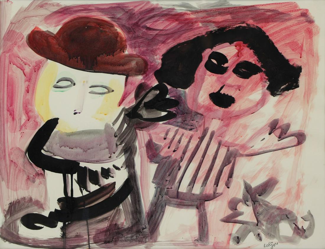 BERNARD LORJOU (FRENCH, 1908-1986).: Mixed media on paper. Figures. Signed lower right. Wally Findlay Galleries label affixed verso. From a New York, NY collection. - Dimensions: 19.25" high x 25.5" wide