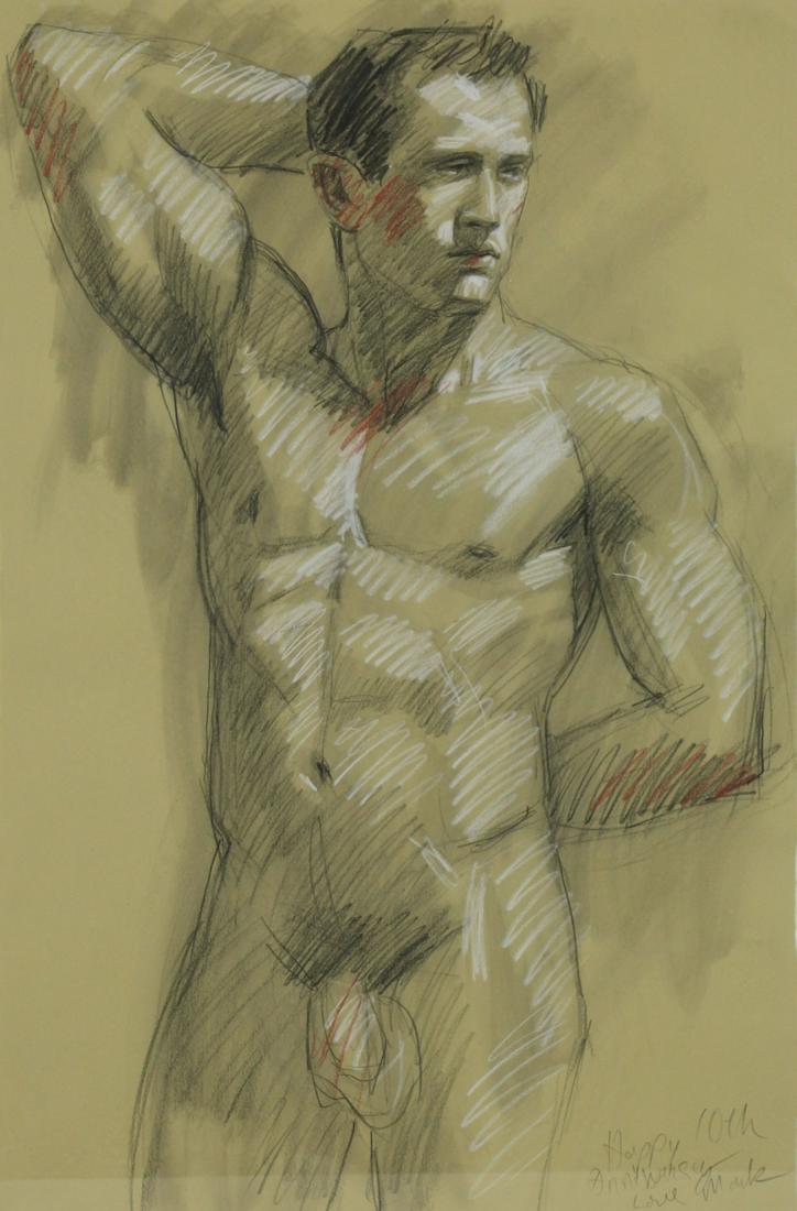 MARK BEARD (AMERICAN, b. 1956).: Crayon on paper. Male Nude. Signed and dedicated lower right. From a New York, NY collection. - Dimensions: 30" high x 20" wide
