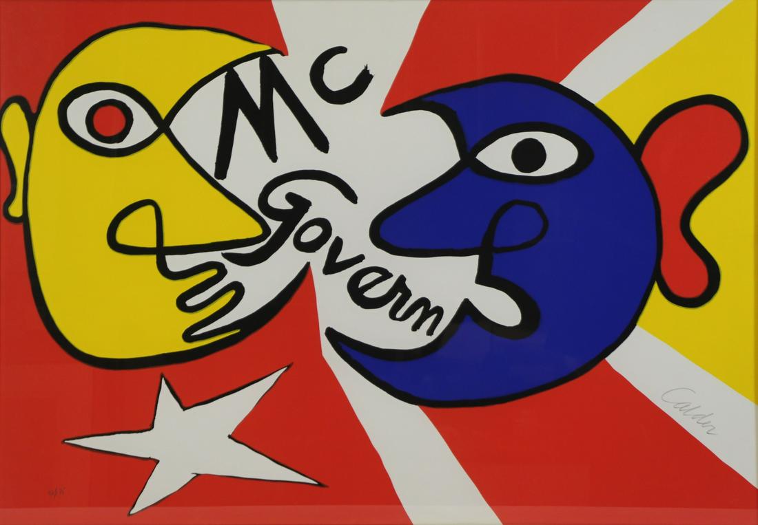 ALEXANDER CALDER (AMERICAN, 1898-1976).: Color Lithograph. "McGovern for McGovernment". Signed lower right. No. 98 from an edition of 175. From a New York, NY collection. - Dimensions: Sight: 30" high x 42.5" wide