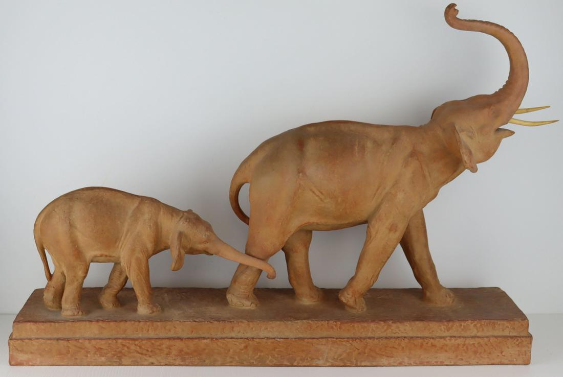 Signed Chiparus Terracotta Figural Grouping of: Elephants. Signed terracotta figural grouping of Elephant mother and child on plinth base. Signed, "D.H. Chiparus". With additional inscription veros, "Editions Reveyrolis a Paris"