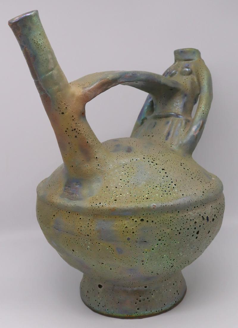 Beatrice (Beato) Wood (American 1893 - 1998): Signed Glazed Earthenware Vessel. In the form of a pot with nude with face stopper. Signed on the base. From a Lexington Ave NYC estate. - Dimensions: 9" x 11".