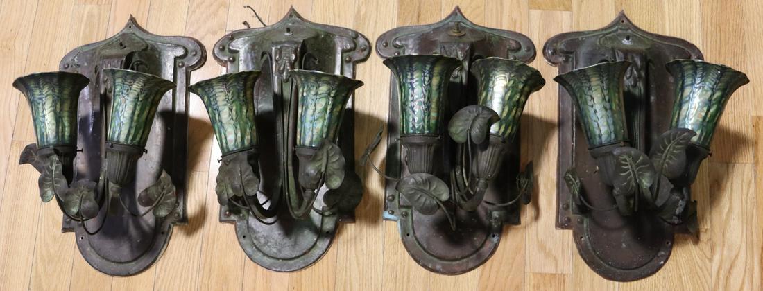 4 Copper Art Nouveau Copper Sconces With Signed: Quezal Art Glass Shades. Rare set and great color on the signed shades. From a CT estate. - Dimensions: sconces 20" x 12" & shades 5" x 5.25"