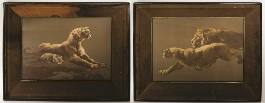 A Magnificent Pair of Meiji Nishimura Embroideries: The left panel depicting a mother lion and her cub, the right depicting two crouched lions. Mounted in original silk-covered frames and backed in white silk with Sozaemon Nishimura label to verso, rea