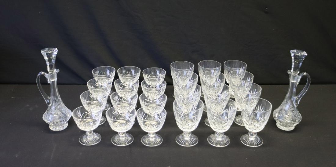 Grouping of Stuart Fine Crystal Stemware: To Include: 10 Glasses (3.75" h x 3.50" dia) and 12 Glasses (5" h x 3.5" dia), signed. 2 Cruet bottles (10.5" h) unsigned. From a Hewlett, NY estate.