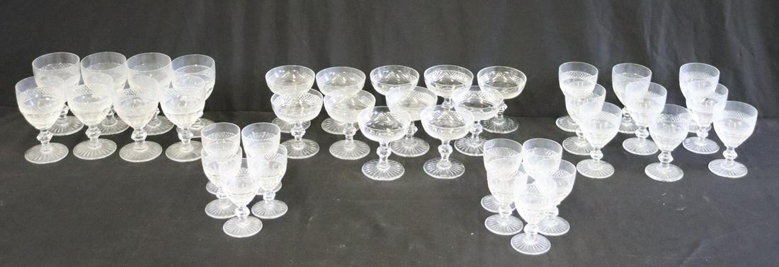 Lot Of St Louis Cut Glass Stemware.: To include: 8 Red Wine (5.5" x 3.25"), 10 White Wine (3" dia x 4.75"), 11 Champagne (3.75" d x 4.5" h) and 10 dessert (2.5" dia x 3.75" h). From a Mamaroneck NY estate.