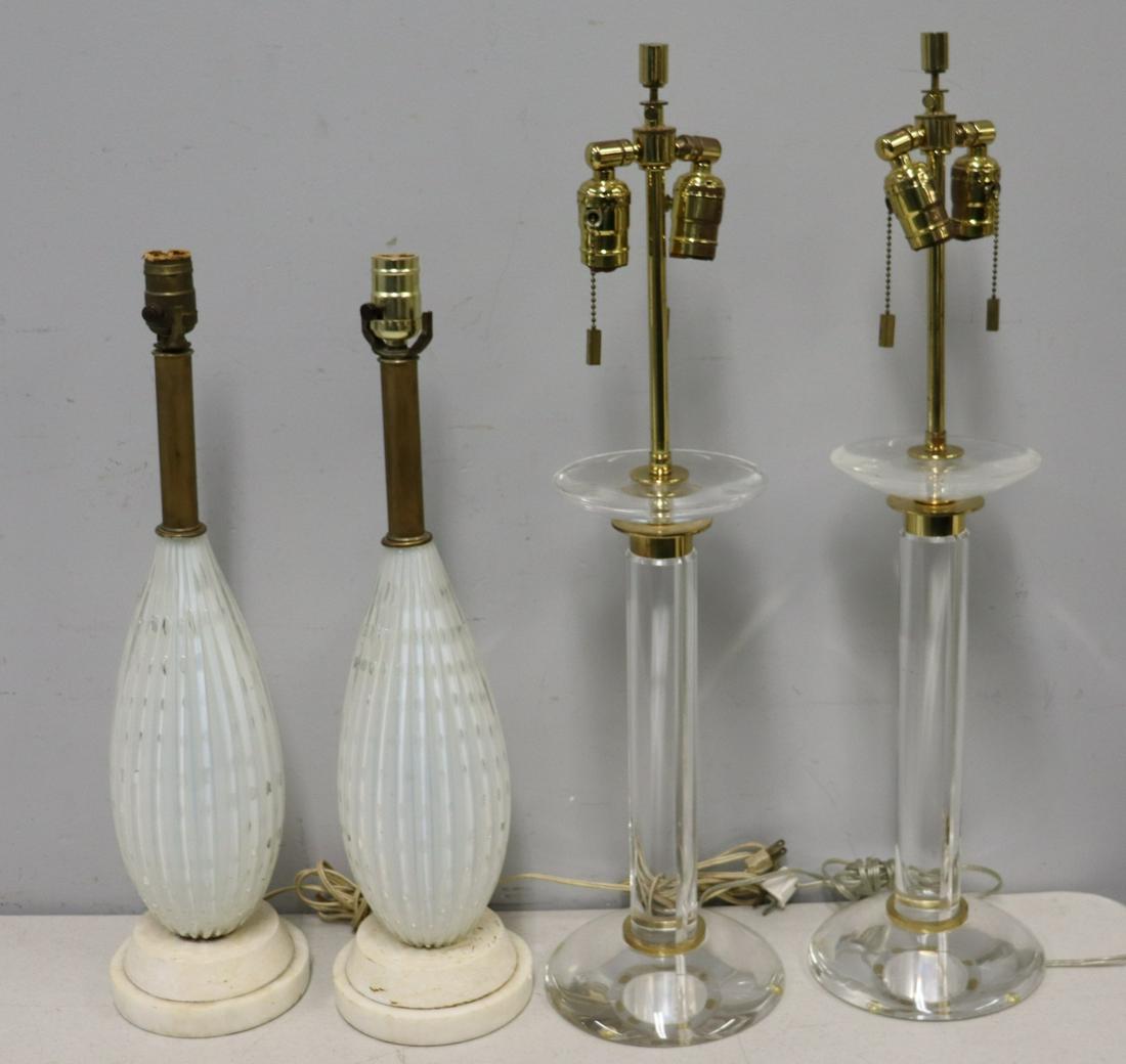 Pair Of Karl Springer Column Form Acrylic Table: Lamps with brass trim (28"H). Together with a pair of Murano Glass Lamps (22"H). From a Queens NY estate.