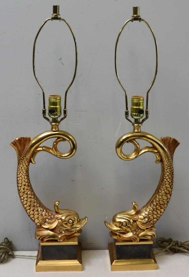 A Vintage Pair Of Gilt Metal Dolphin Form: Lamps. Nice quality and heavy. From an Englewood, NJ estate. - Dimensions: 27"H the metal 14.5"