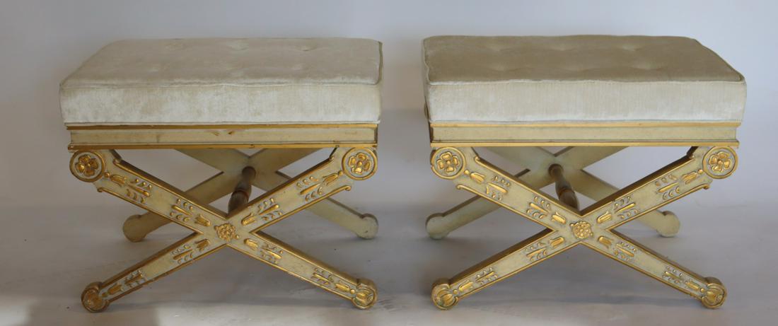 Pair Of Carved, Paint And Gilt Decorated X Form: Benches. From a Queens NY estate. - Dimensions: 25.5" w x 17" d x 20" h