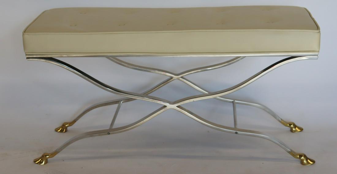 Vintage And Fine Quality Steel, Brass And: Upholstered Bench. From a Queens NY estate. - Dimensions: 44" x 16" x 21" h