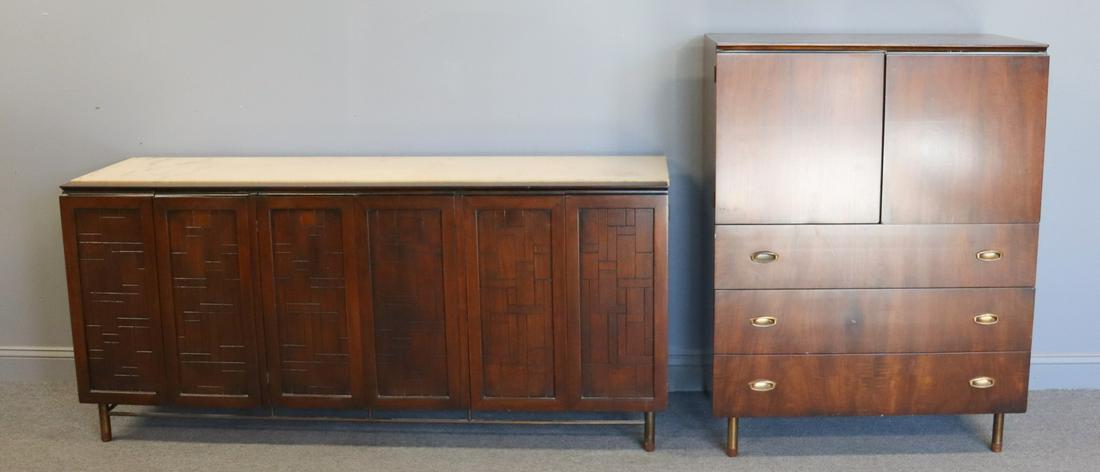 Midcentury John Stuart Marble Inset Cabinet: Together With A 2 Door Over 3 Drawer Chest. From a Queens NY estate.