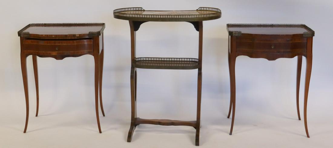 Pair Of Antique 2 Drawer Stands Together With: A Kidney Shaped Marbletop Table (24" x 11" x 29"H). From a Great Neck L.I. estate. - Dimensions: 2-Drawer Stands 19" x 14" x 24"H