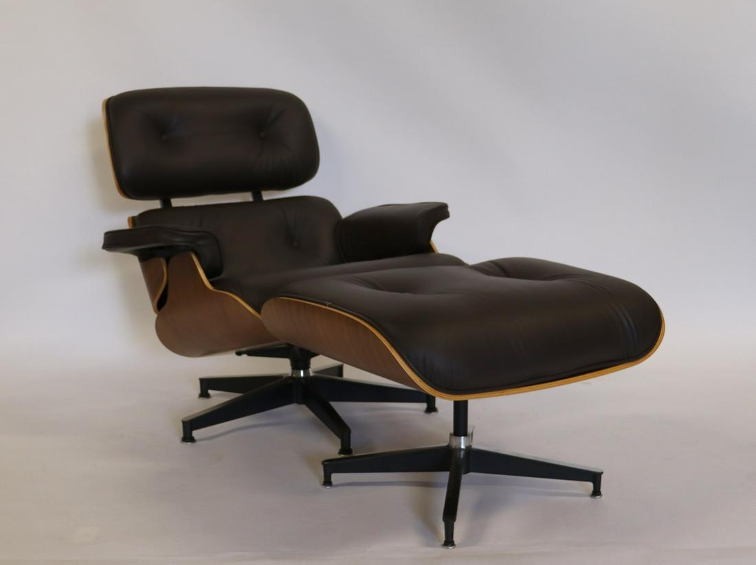 Vintage And Fine Quality Eames Style Lounge Chair: And Ottoman (25"w x 31"d x 17"h). In a nice shade of brown and from a Queens estate. - Dimensions: Chair: 34.5" x 30" d x 32" h