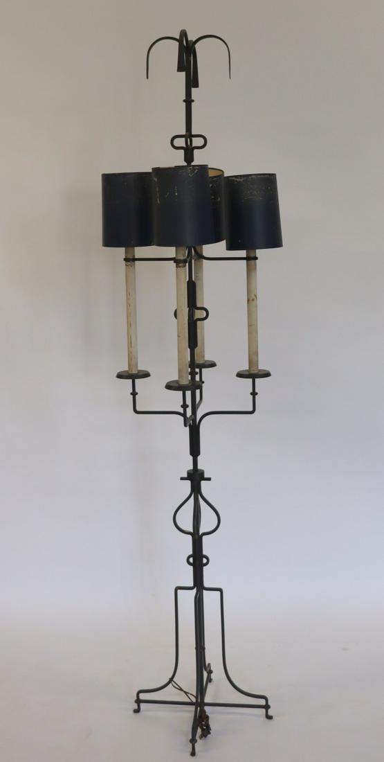 Midcentury Tommi Parzinger Iron Floor Lamp: TOMMI PARZINGER. PARZINGER ORIGINALS. Floor lamp, USA, 1960s; Enameled iron, enameled metal, paper shades; Unmarked. From a Westchester estate. - Dimensions: 90"h x 15.5"