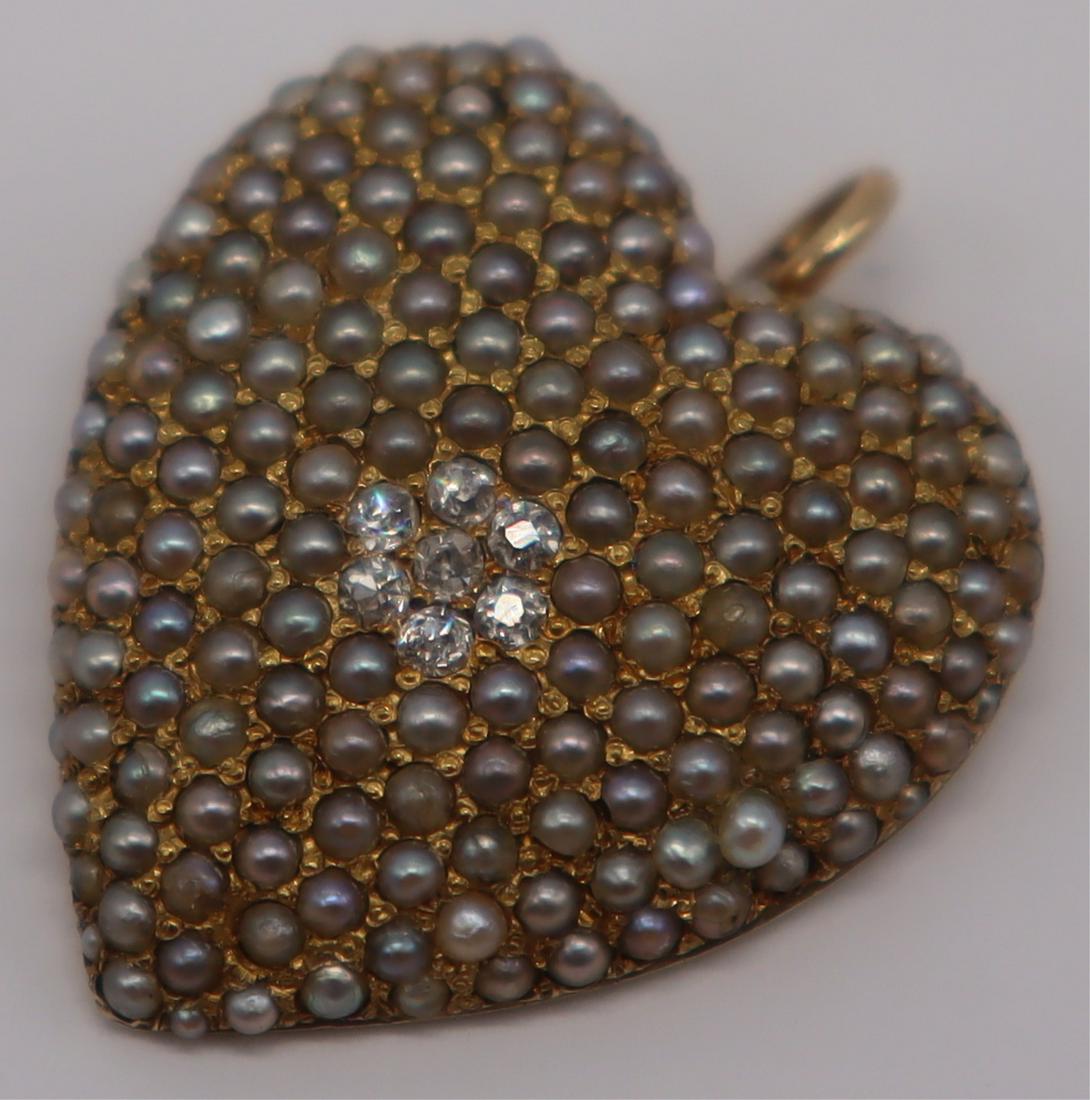 JEWELRY. 14kt Gold, Seed Pearl, and Diamond Heart: Pendant. Vintage 14kt yellow gold heart form pendant inlaid with seed pearls and a central cluster of (7) Old Mine cut diamonds measuring approx. 1.0mm each. Stamped verso, "14k", with an un
