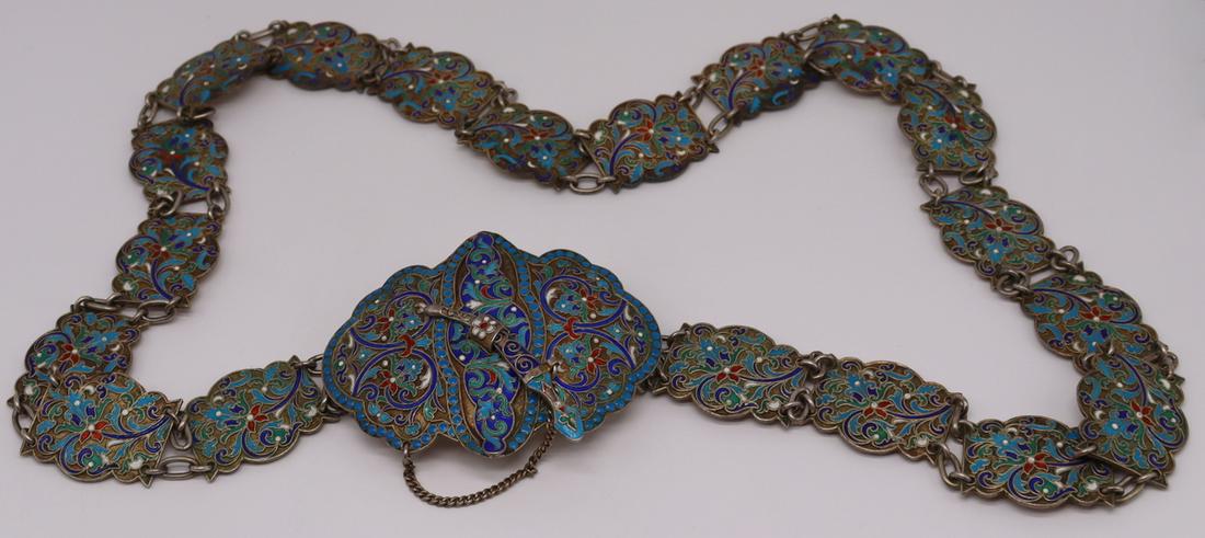 SILVER. Russian Enamel Decorated Silver Belt.: Signed Russian silver and enamel decorated belt with large enamel decorated buckle and scimitar or curved sword closure. Each pendant and buckle with enamel decoration in shades of blue, white, red, a