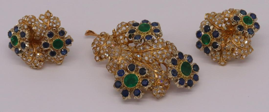 JEWELRY. 3 Pc. GM Buccellati 18kt Gold, Emerald,: Sapphire, and Diamond Suite. Gianmaria Buccellati Italian 18kt yellow gold demi-parure including a floral decorated brooch and pair of earrings. 18kt yellow gold brooch with (3) florets comprised of c