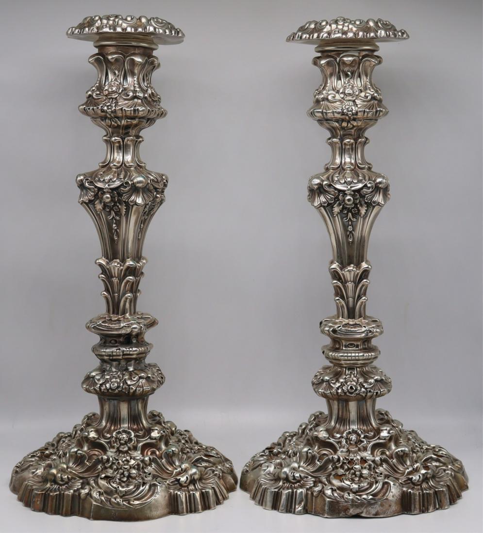 SILVER. 19th C English Silver Candlesticks.: Early to mid 19th century English silver weighted candlesticks with shell and floral decoration. Birmingham city stamps, maker's mark of William Allanson & Co., date letter of 1836. Total approx. 